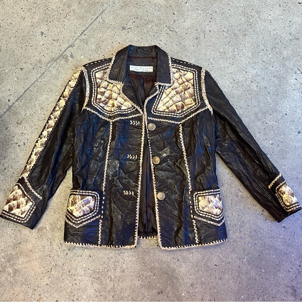 Alan Michael Brown Beige Whipstitched Pirarucu Fish Genuine Leather Jacket Coat